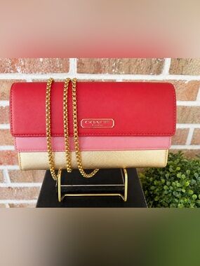 Coach Colorblock Chain Wallet - Red, Pink & Gold